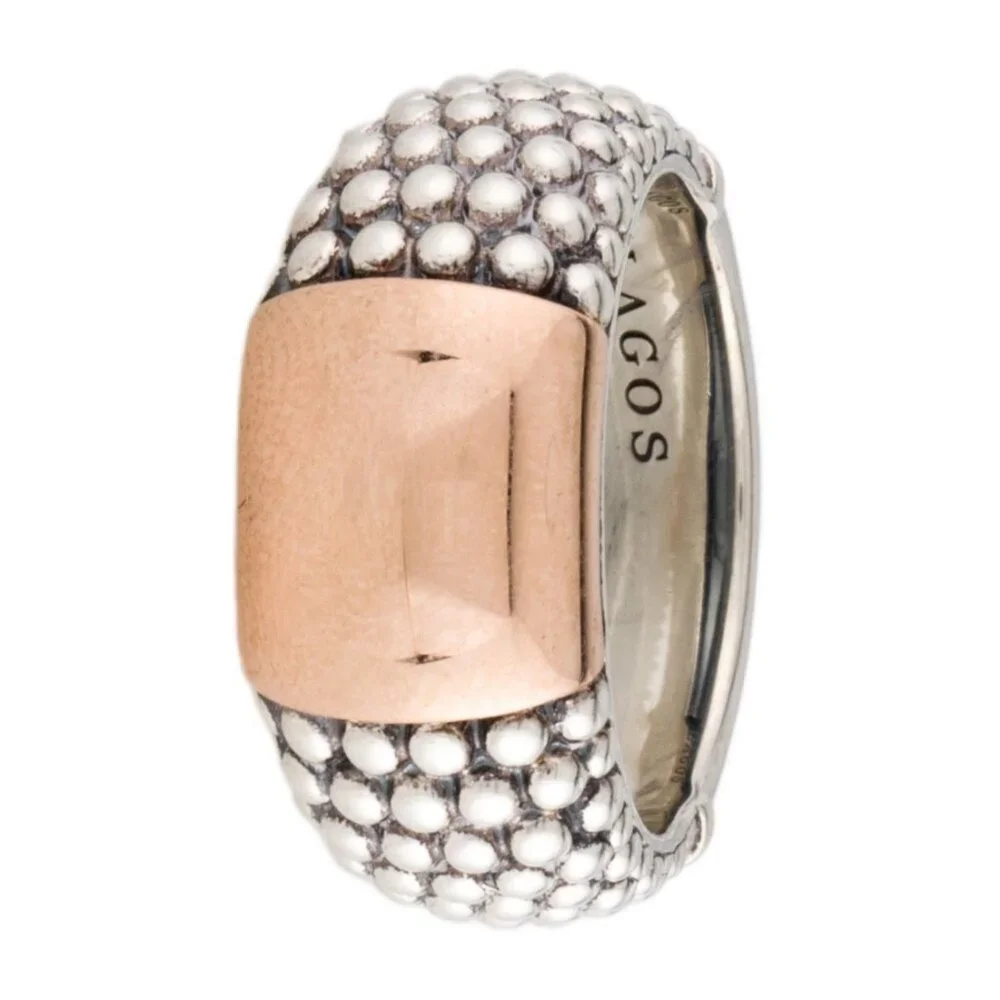 LAGOS TWO-TONE 18K ROSE GOLD & STERLING SILVER CAVIAR HIGH BAR RING - Picture 6 of 9